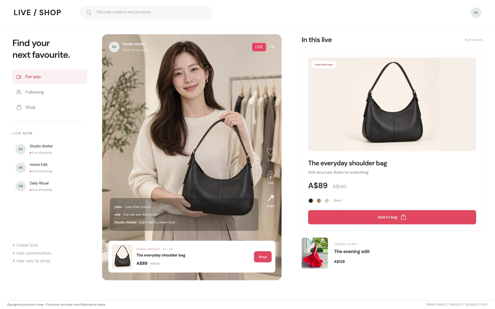 Live shopping: A vertical broadcast pairs live conversation with a pinned product and shopping panel. Illustrative data.