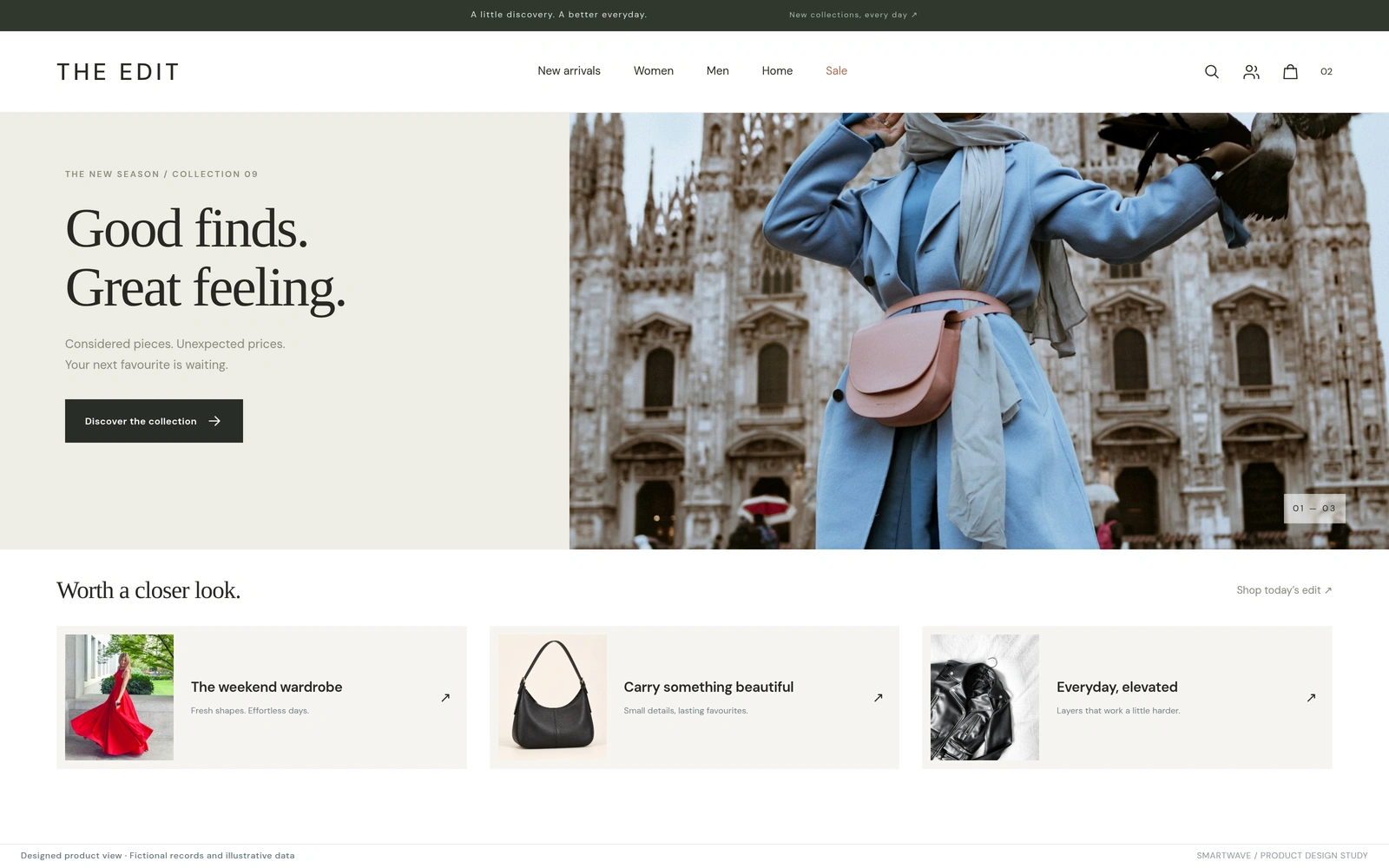 Sale storefront: An editorial storefront brings product collections and sale discovery together. Illustrative data.