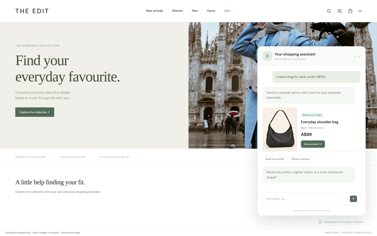 Shopping assistant: An embedded shopping assistant responds with a product card and useful next actions. Illustrative data.