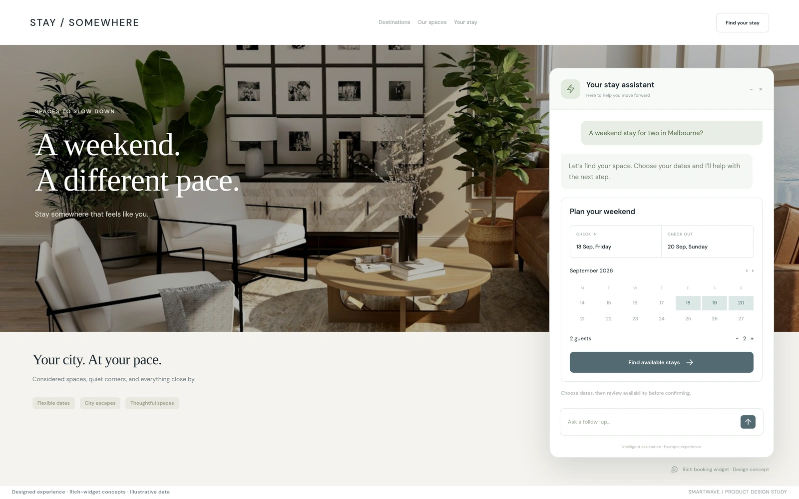 Rich task widgets: A booking widget lets the visitor select dates and guests inside the website assistant. Illustrative data.