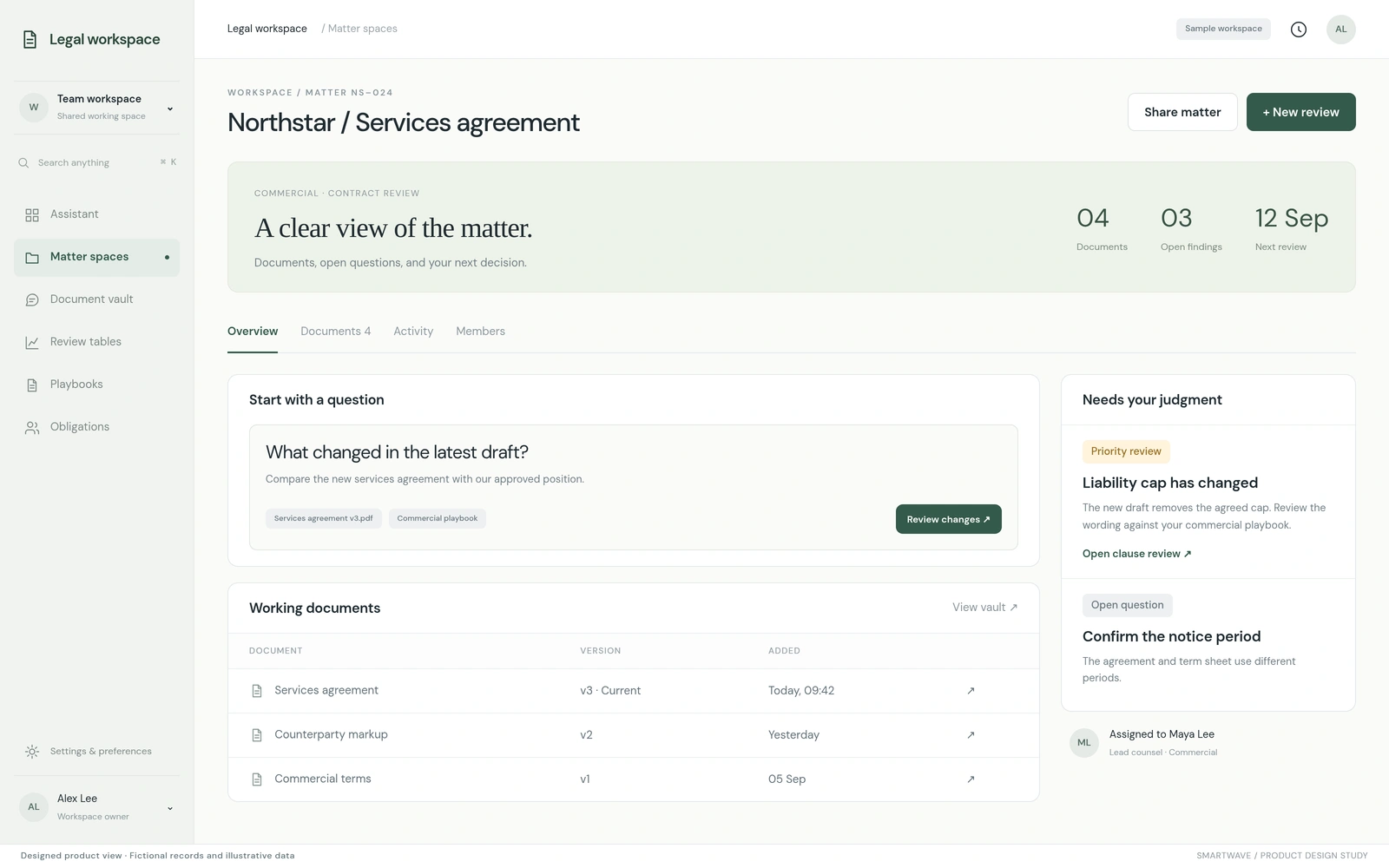 Matter workspace: A matter workspace connects documents to an organised review task. Illustrative data.