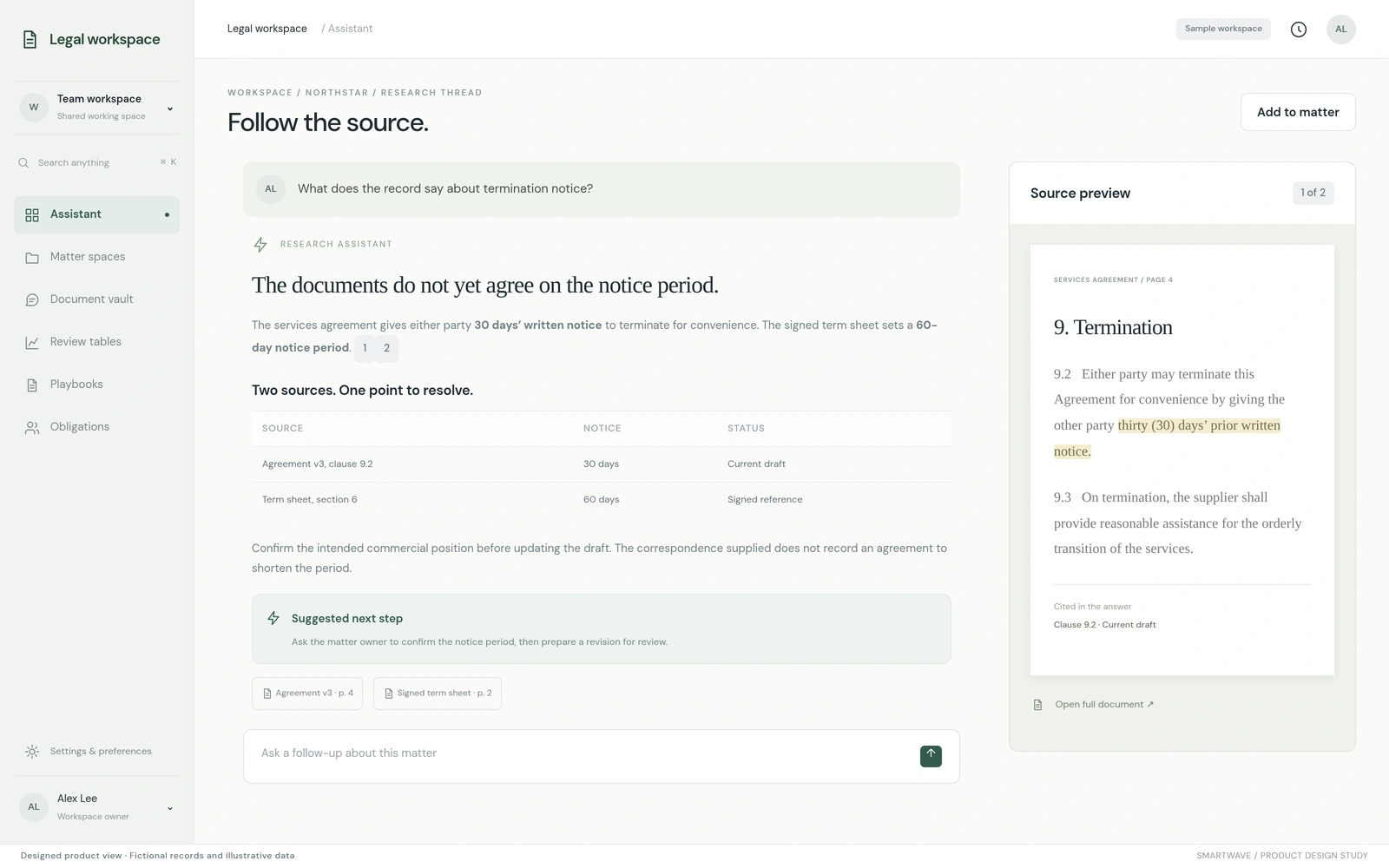 Source review: A research view keeps findings and source references close together. Illustrative data.