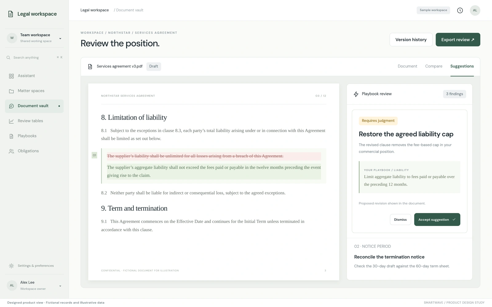 Clause review: A review view places a clause beside its playbook position and suggested change. Illustrative data.